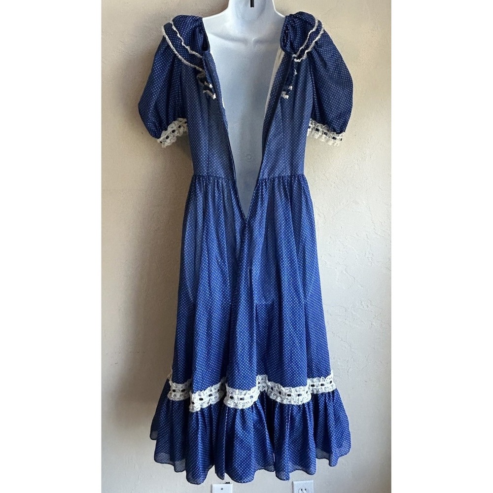 Vintage 1970s Handmade Prairie Dress S M Blue Polka Dot Lace Cottagecore Boho - Picture 4 of 9